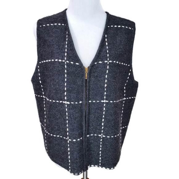 Karen Scott 100% Wool Made in Australia Zip Up Vest Gray/White Stitching SZ L - Picture 1 of 9